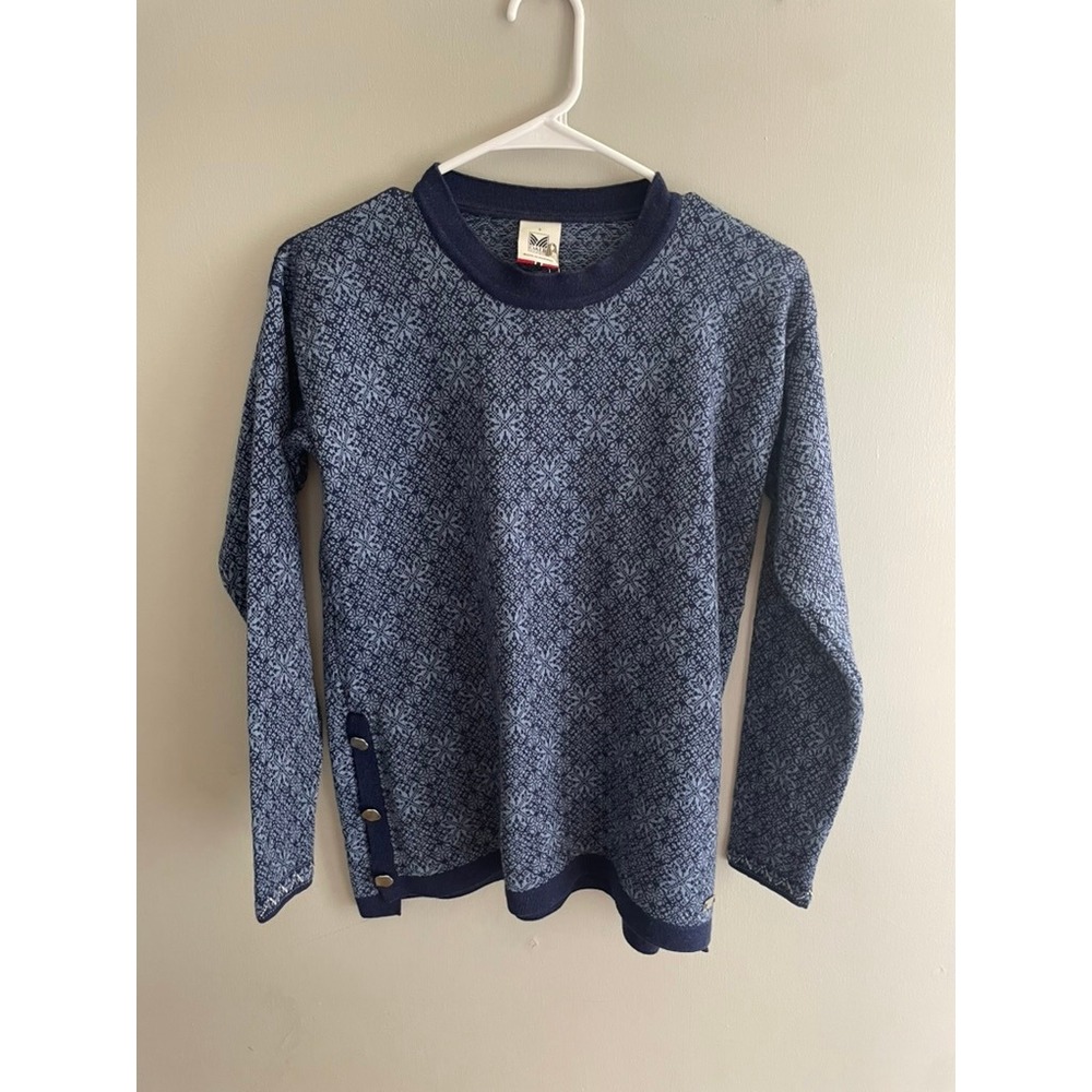 Dale of Norway 100% Merino Wool Nordic Sweater Blue Side Snap Small Made Norway